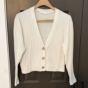 White Ribbed Button-Up Cardigan